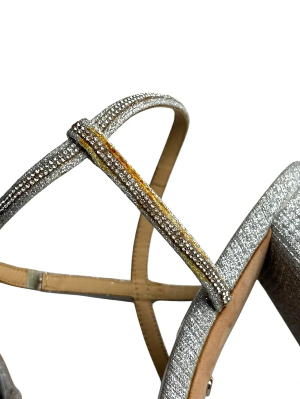 BADGLEY MISCHKA FIREY RHINESTONE SILVER BLOCK HEEL OPEN TOE HEELS - Picture 16 of 16